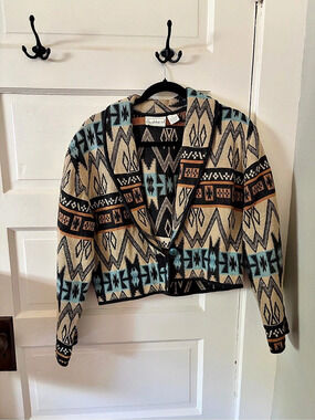 Vintage 80s/90s Flashback Southwestern Tapestry Cardigan Jacket Teal Tan Black